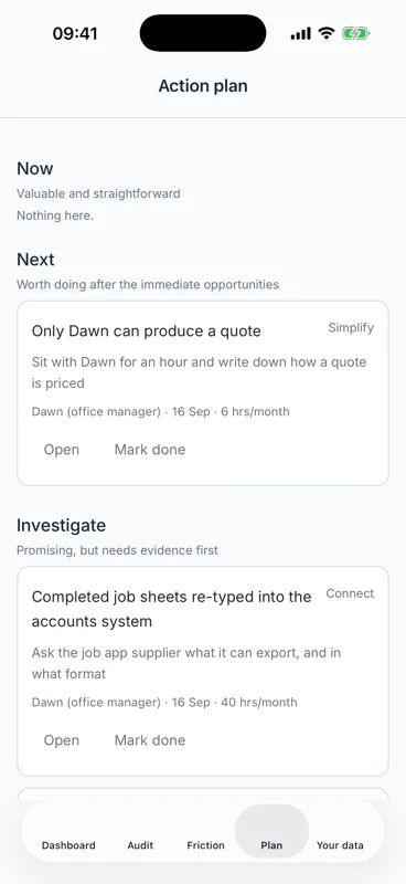 The action plan grouped into Now, Next and Investigate, each item showing its next step, who owns it, a date and the hours a month at stake.